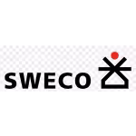 Logo van Sweco met rode cirkel en zwarte gestileerde A, voor professionele merkidentiteit in zakelijke omgeving