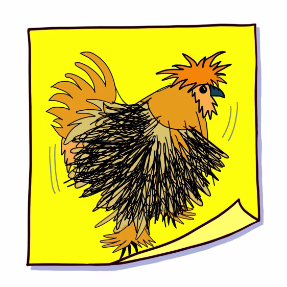 Picture Post-it 9: speelse illustratie van haan Siemen die als Spaanse bolerodanser met uitwaaierende vleugel beweegt op geel post-it blaadje