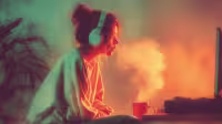 Artistieke sfeer van focus op muziekproductie met koptelefoon en laptop in warme gloed