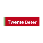 Logo van Twente Beter met witte tekst Twente Beter op tweekleurige achtergrond voor initiatief in regio Twente