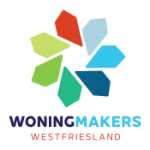 Logo van Woningmakers Westfriesland met abstracte vormen in rood, groen, lichtblauw, donkerblauw en oranje, met tekst woningmakers westfriesland