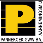 Logo met gele P en verticale tekst aanneemgsmij, onderaan pannekoek gww b.v. voor bouw en aanneming in Deventer